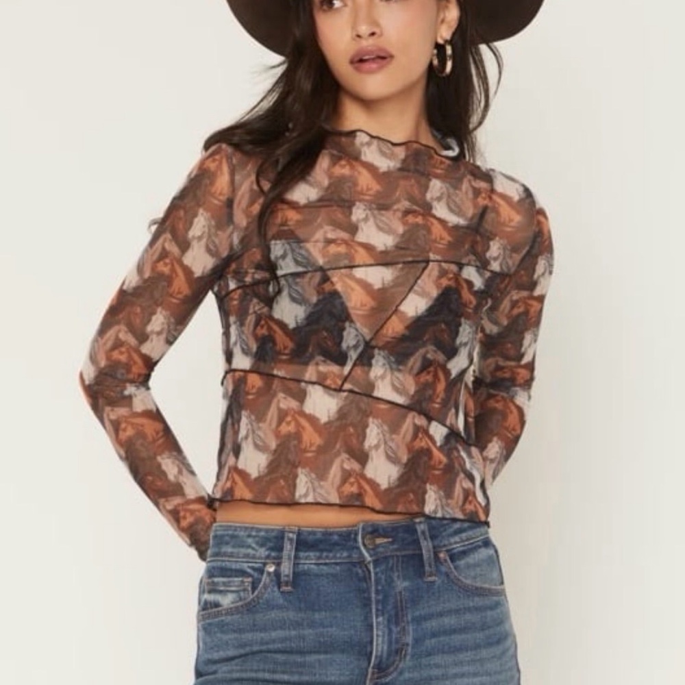 Sheer Long-Sleeve Horse-Print Top in Brown Multi